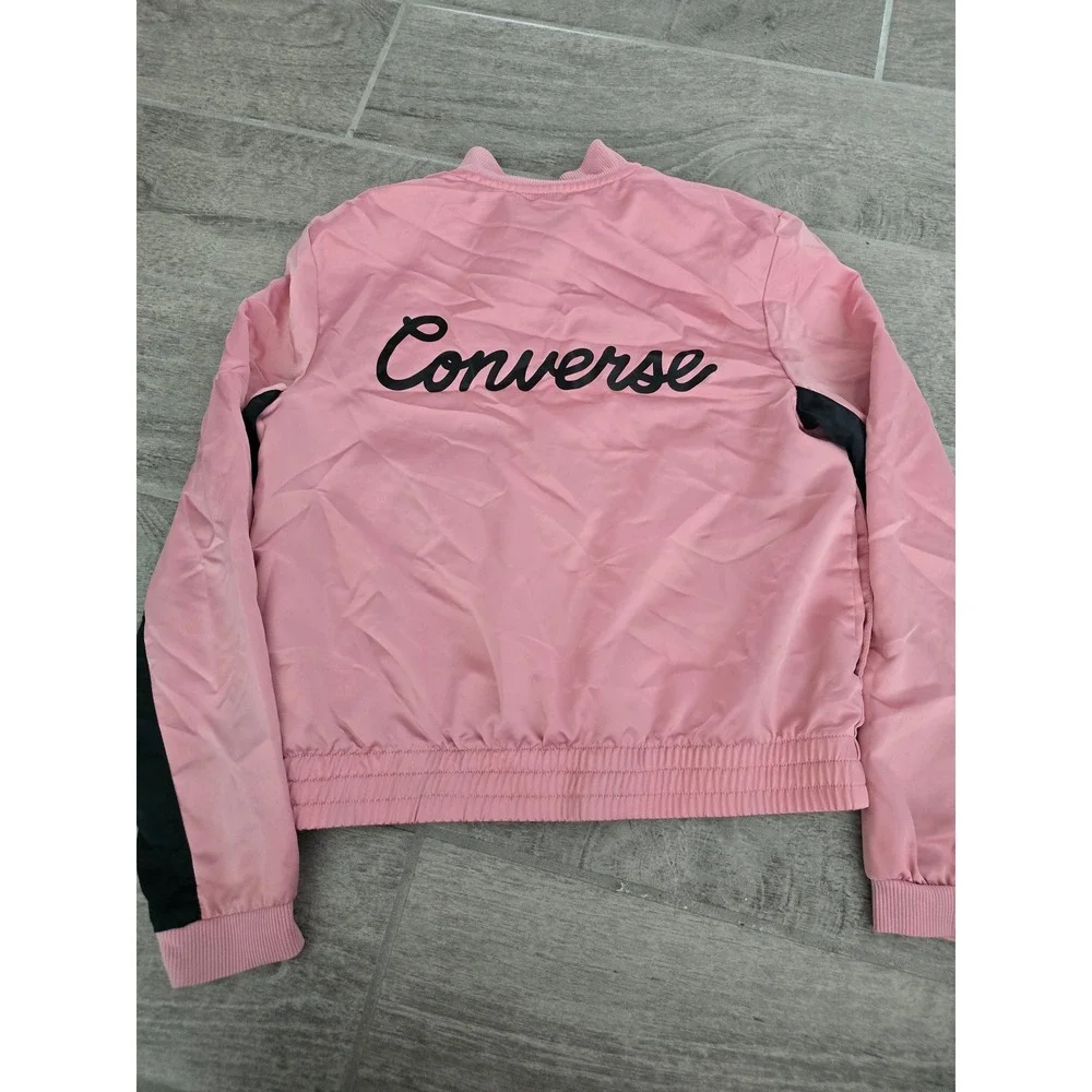 Converse Girls Pink Bomber Jacket Sleeves‎ Logo Lightweight Coat Satin Medium